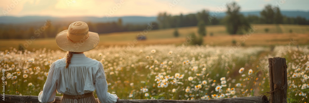 Woman Admiring Sunset in Blooming Daisy Field Woman Admiring Sunset in Blooming Daisy Field