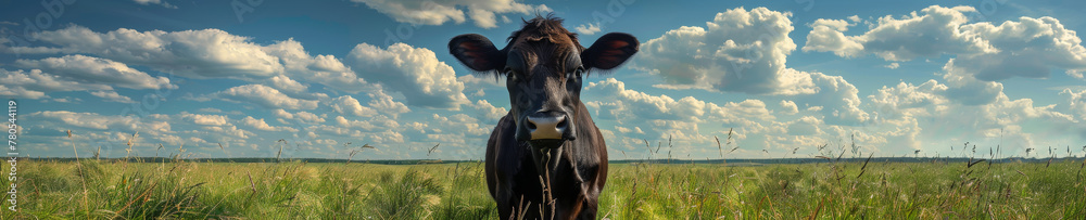 Curious Cow in Lush Green Meadow Under Blue Sky
