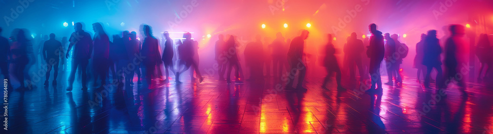 Vibrant Dance Floor Scene with Colorful Club Lights and Silhouetted Crowd