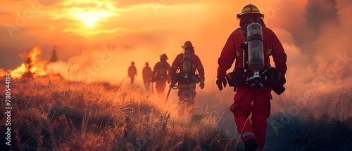 Brave Firefighters in Training Against Fiery Sunset. Concept Firefighters, Training, Sunset, Brave, Fiery