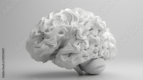 A 3D rendered illustration showcasing a human brain  artistically blended with elements of nature and abstract art  highlighted with colors like blue and pink against a white isolated background
