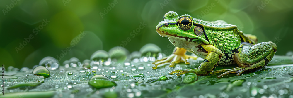 Obraz premium common european green frog on a dewy leaf, with empty copy space