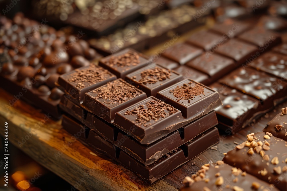 Handcrafted chocolate bars with various toppings, beautifully displayed on a wooden surface.. Handcrafted chocolate bars with various toppings, beautifully displayed on a wooden surface..