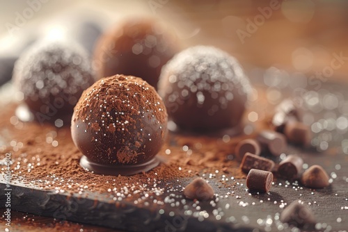 Wallpaper Mural Exquisite chocolate truffles dusted with cocoa and sparkling sugar, showcased on a dark slate board.. Torontodigital.ca