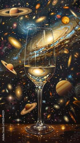 a wine glass under the stars with galaxy dotted with stars, in the style of psychedelic tableaux, metafictional photo