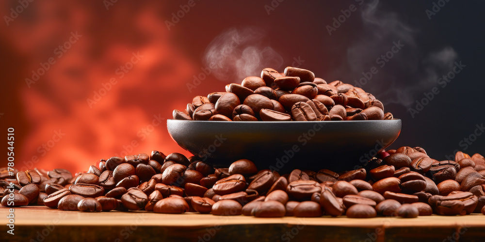 Obraz premium Steaming Coffee Beans in a Bowl with Warm Ambient Lighting