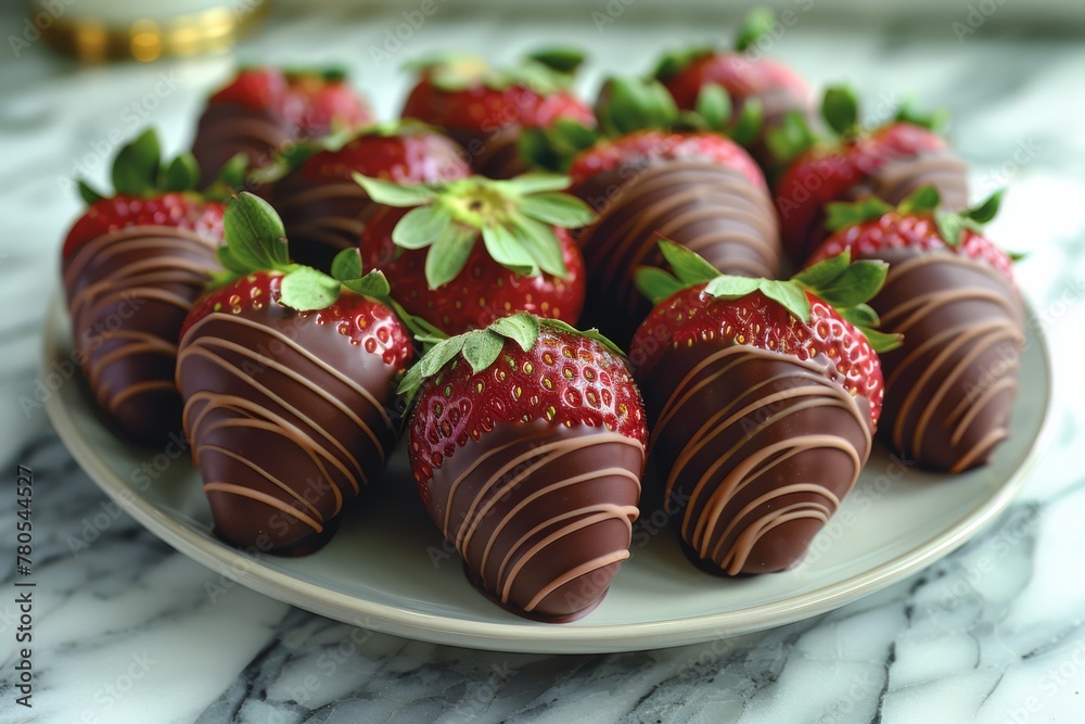 Fresh strawberries dipped in dark chocolate with elegant white drizzle, displayed on a marble plate. Perfect for dessert menus.. Fresh strawberries dipped in dark chocolate with elegant white drizzle, displayed on a marble plate. Perfect for dessert menus..