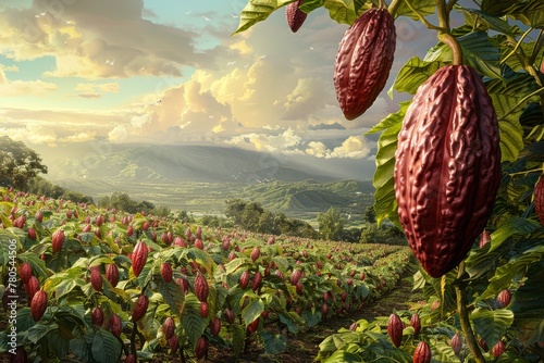 Sun-kissed cacao pods hanging from trees in a vast plantation with a beautiful mountainous backdrop..