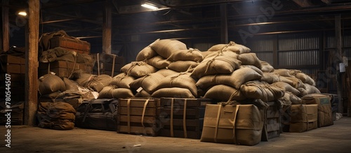 Unidentified bulky bags are present in the warehouse. The image depicts seized goods or apprehended smugglers. photo