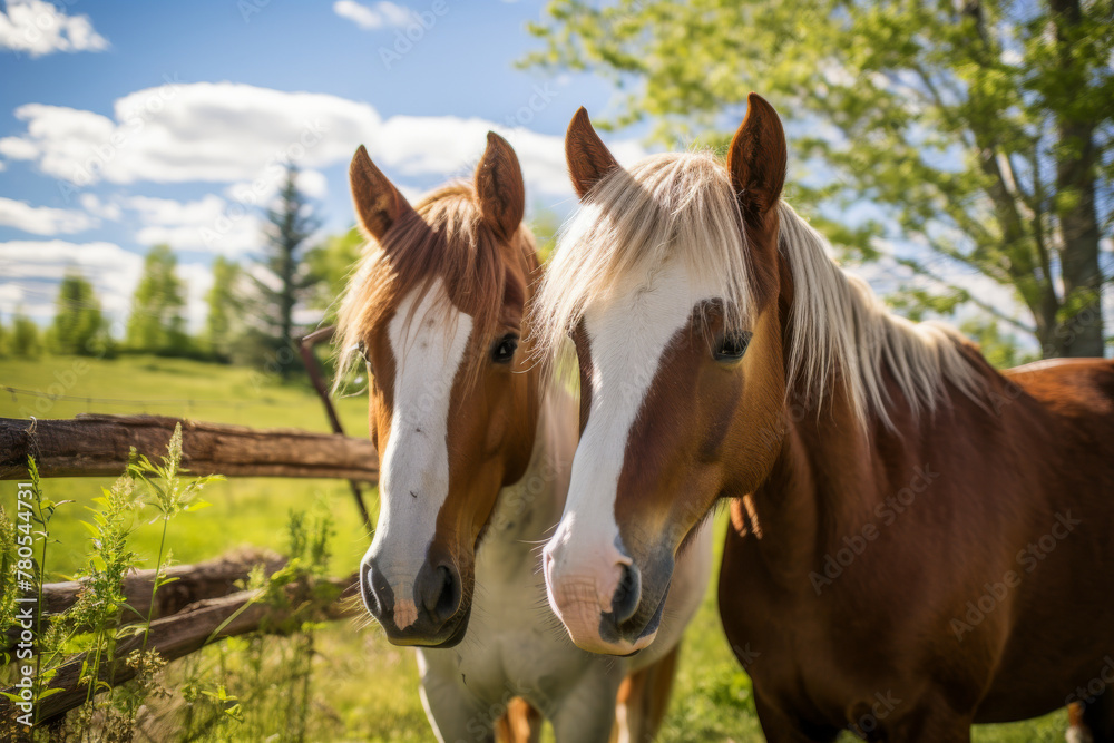 Naklejka premium Rustic Equine Charm: Two Horses Bonding Behind a Farm Fence