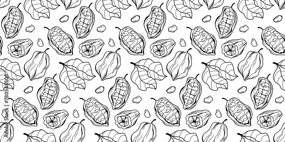 Black and white cocoa pattern. Endless illustration with cocoa fruits and graceful leaves