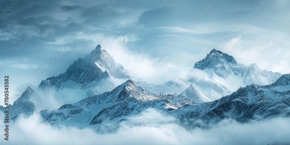 Majestic Snow-Capped Mountain Peaks Amidst Clouds