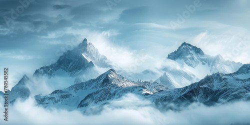Majestic Snow-Capped Mountain Peaks Amidst Clouds