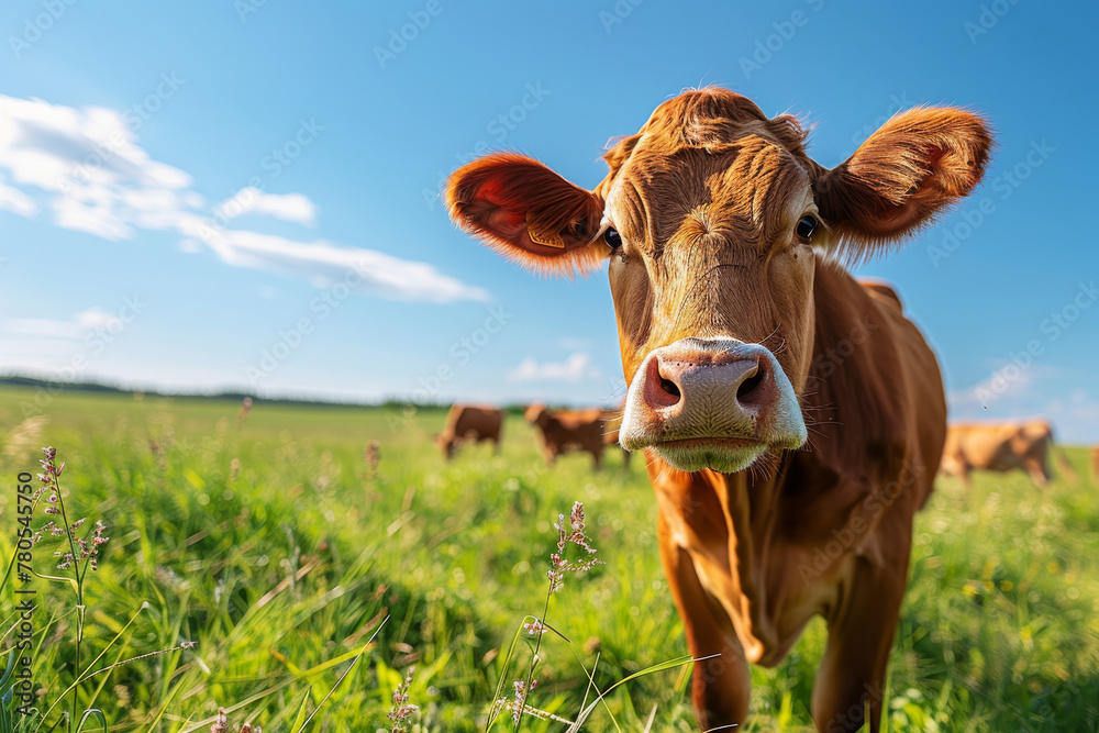Curious Brown Cow in Sunny Pasture - Farm Animal Close-Up