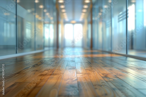 Modern Office Corridor with Glass Walls and Wooden Floor photo