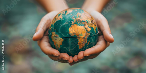 Hands Holding a Small Globe Against Nature Background
