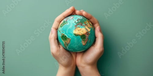 Hands Holding a Small Globe Against a Green Background
