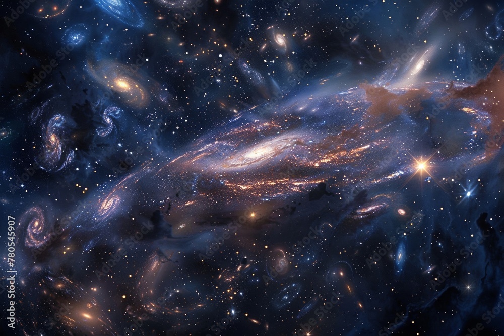 galaxy cluster With galaxies of all shapes and sizes gathered together amidst the cosmic web of dark matter and gravity.