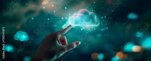 Futuristic touch of a hand on a digital cloud with sparkling connections