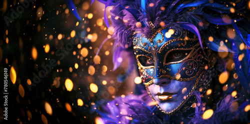 Mysterious blue masquerade with glowing golden details and feathers. A woman's eyes peer through an ornate Venetian mask amidst a magical sparkle and bokeh © Denniro