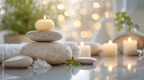 Serene spa setting with candles, stones and towels capturing tranquility