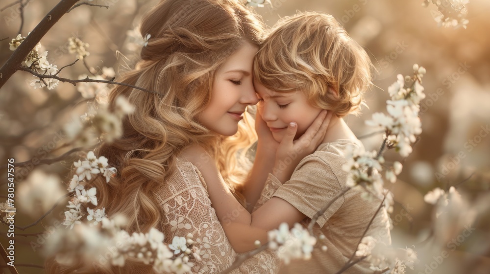 A heartfelt photograph capturing a mother and her children exchanging tender kisses and hugs, their expressions radiant with love and gratitude, against a backdrop of soft, dreamy light