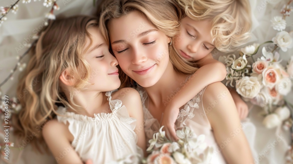 A heartfelt photograph capturing a mother and her children exchanging tender kisses and hugs, their expressions radiant with love and gratitude, against a backdrop of soft, dreamy light A heartfelt photograph capturing a mother and her children exchanging tender kisses and hugs, their expressions radiant with love and gratitude, against a backdrop of soft, dreamy light