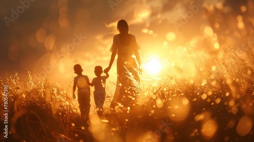 A dreamy portrait showcasing a mother and her children basking in the soft glow of a sunset, their silhouettes outlined against a backdrop of warm, golden hues and gently swaying grass