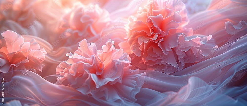 Soft petals in pastel hues delicately intertwining with fluffy pillow textures ,3DCG,high resulution,clean sharp focus