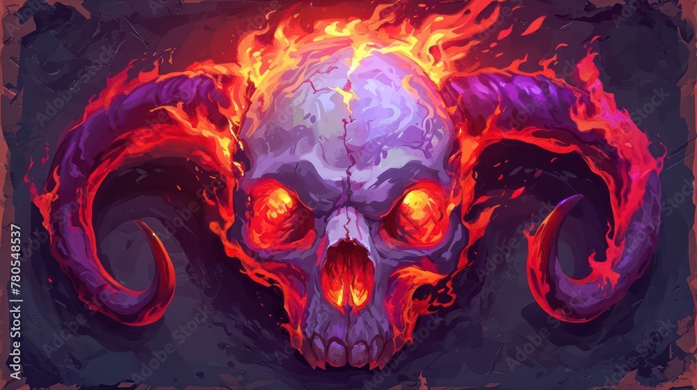 skull illustration with fiery red and purple horns, set on a ...