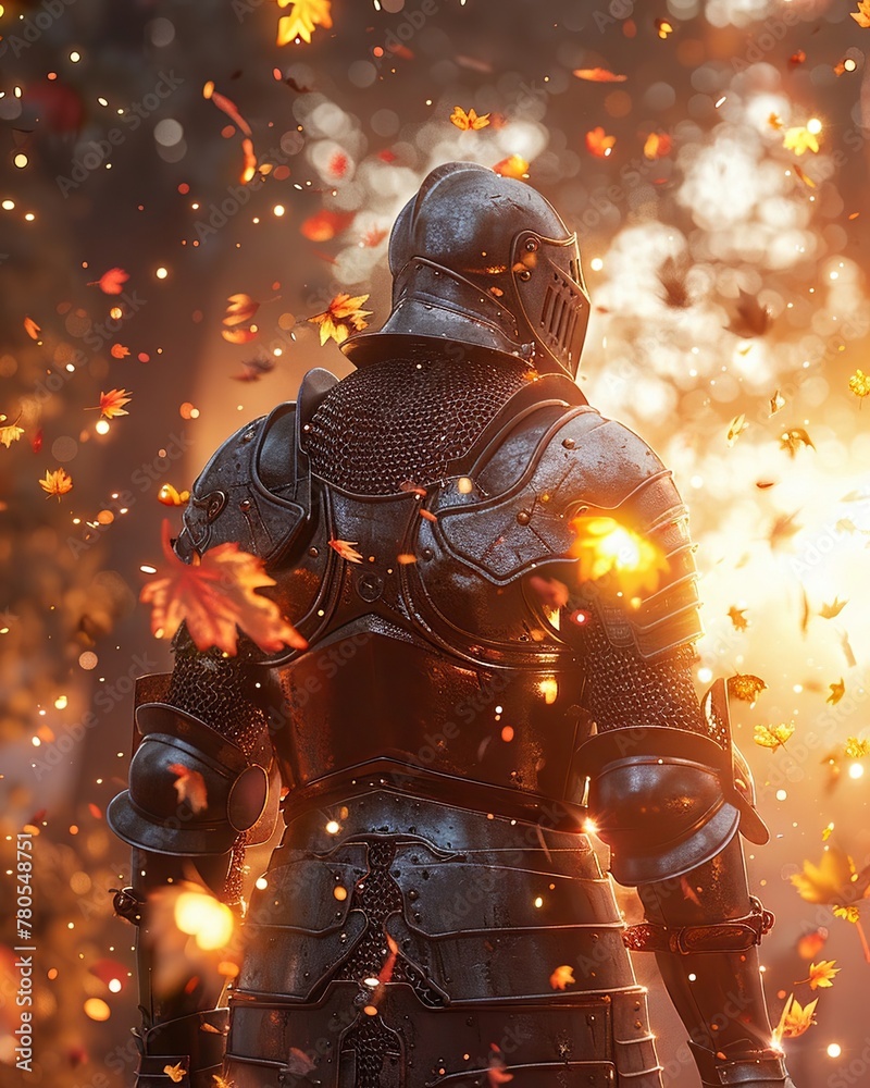Medieval Knight in Armor Amidst Fire and Sparks, Heroic Fantasy Concept, 3D Render Medieval Knight in Armor Amidst Fire and Sparks, Heroic Fantasy Concept, 3D Render