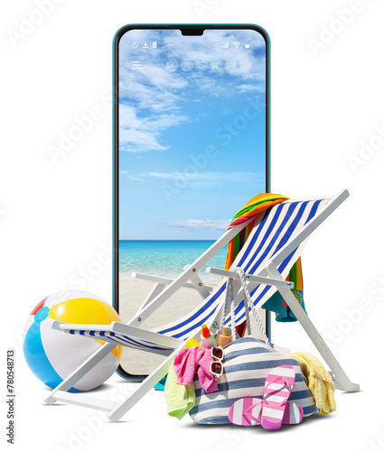 Beach deck chair for sunbathing  isolated on white background with mobile phone with seaside in big screen  concept a summer beach holiday  online shopping  booking travel and resorts accommodations