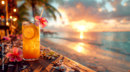 Tropical cocktail at the counter of a beach bar on the ocean. Summer vacation aesthetics. Drinks with a tropical twist. Copy space