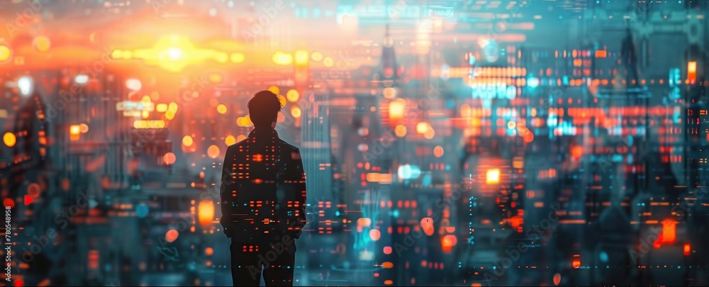 Silhouette of a Man Contemplating the Vibrant Cityscape at Sunset with a Futuristic Glow