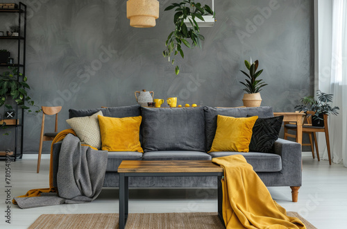 A gray sofa with yellow pillows and a blanket sits against a grey wall in a living room interior