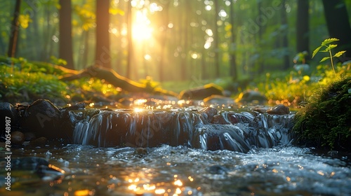 A stream flows gently through a dense forest, surrounded by vibrant green foliage and the sounds of nature, tranquil setting © MindShiftMasteryHub