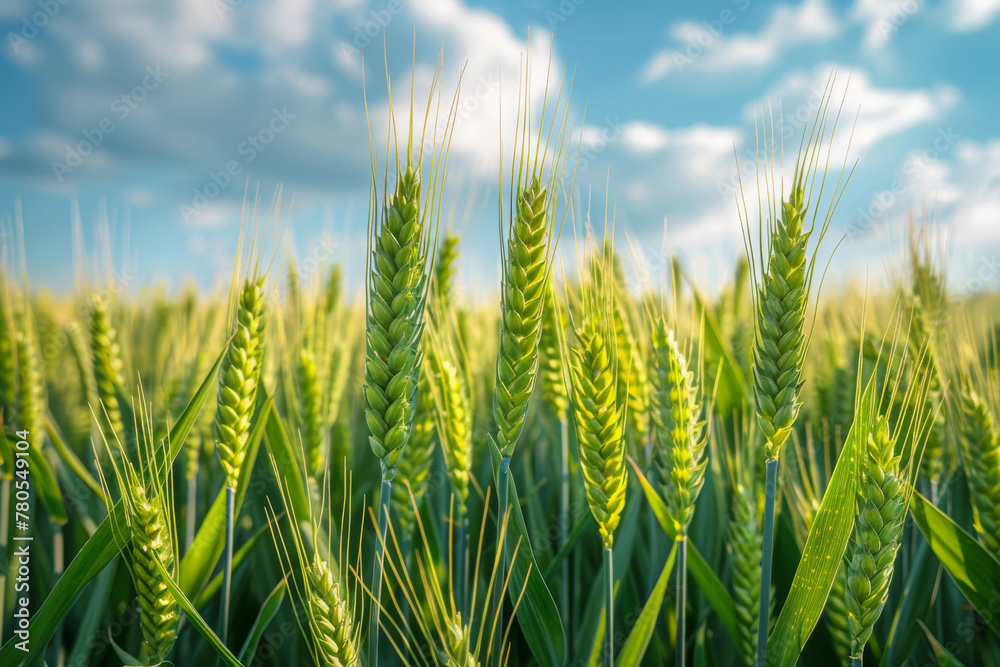 Vibrant Green Wheat Field Under Blue Sky Vibrant Green Wheat Field Under Blue Sky