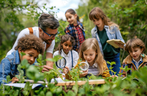 A group of children and their parents in nature with magnifying glasses, books and notes looking at plants while smiling.