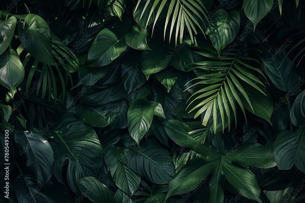 Lush green foliage texture in a dark moody forest, perfect for natural backgrounds and botanical themes.

 - obrazy, fototapety, plakaty 
