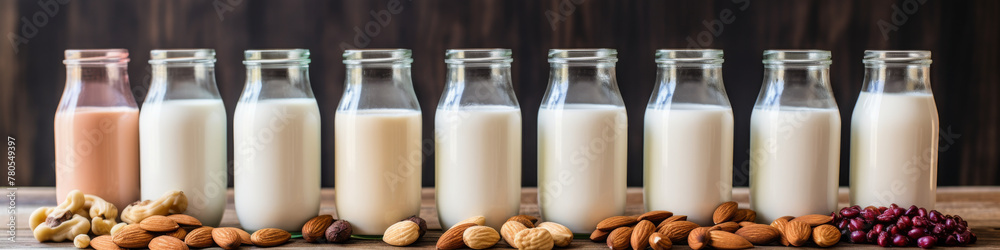 Assorted Dairy and Plant-Based Milk Bottles with Nuts and Grains Assorted Dairy and Plant-Based Milk Bottles with Nuts and Grains