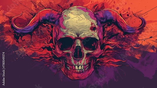 skull illustration with fiery red and purple horns, set on a contrasting background