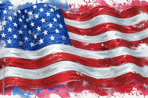 Drawing of the American National Flag fluttering in the air. Celebrating American Independence Day. Place for text, copy space