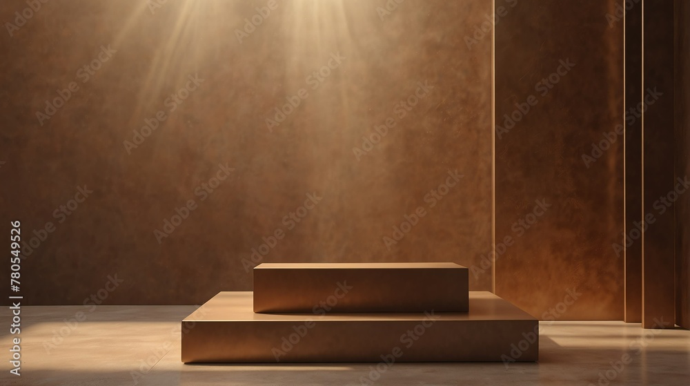 bronze pastel background with square podium on the center with sunlight rays from Generative AI bronze pastel background with square podium on the center with sunlight rays from Generative AI