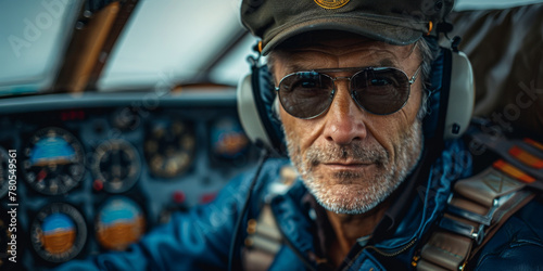 Seasoned Pilot in Cockpit with Headphones and Aviator Glasses
