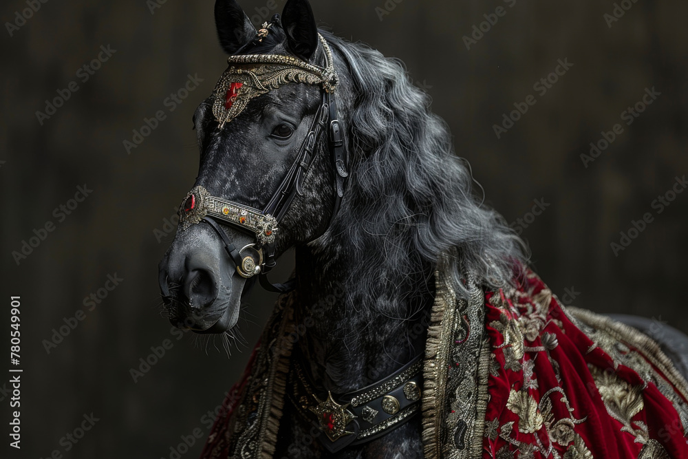 Majestic Black Stallion in Ornate Bridle and Cloak