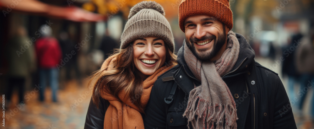 Cheerful Couple Enjoying Autumn Stroll in City Park