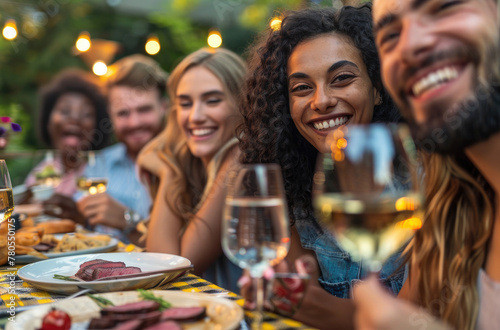 A group of friends having dinner together at an outdoor table, smiling and taking selfies while eating food with red wine on the side