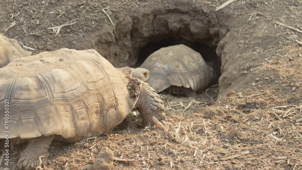 Vidéo Stock Beautiful African spurred tortoises walking on the ground ...