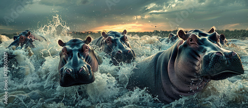A group of hippos in the water, motion capture