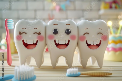 Three teeth are smiling and holding toothbrushes